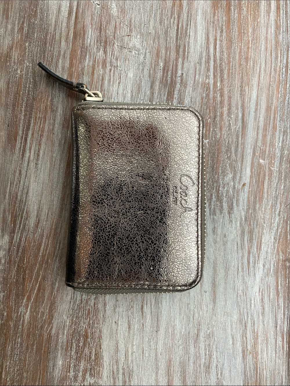 Coach Metallic Pewter Zip Around Card Case